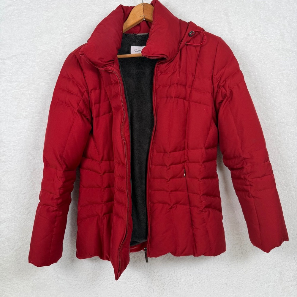 Calvin Klein Red Quilted Puffer Coat Insulated Hooded Down Winter‎ Womens M